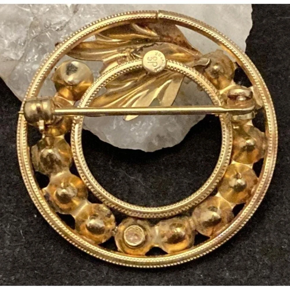 Vintage DCE 1/20 12KT GF Gold Filled‎ Circle Wreath Rhinestone Brooch Pin 4.5g